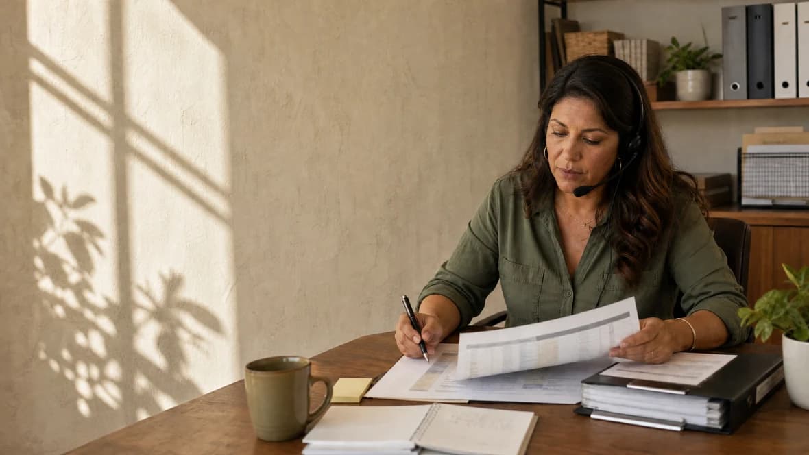 Operations manager working through site paperwork at a desk while wearing a headset, in a warm daylit back office