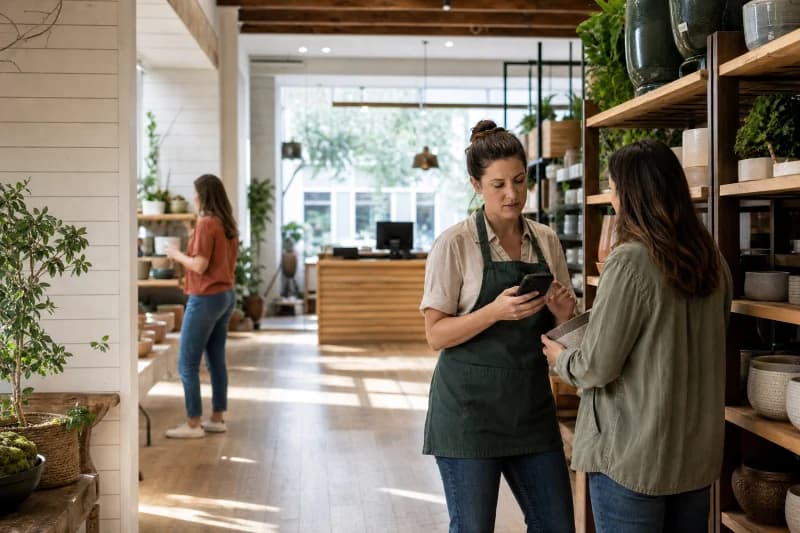 Shop assistant helping a customer from a handheld device on the floor of a bright homeware store