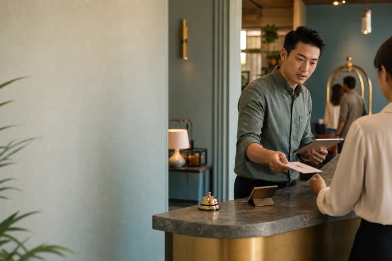 Hotel receptionist checking a guest in at a front desk in a warm boutique lobby
