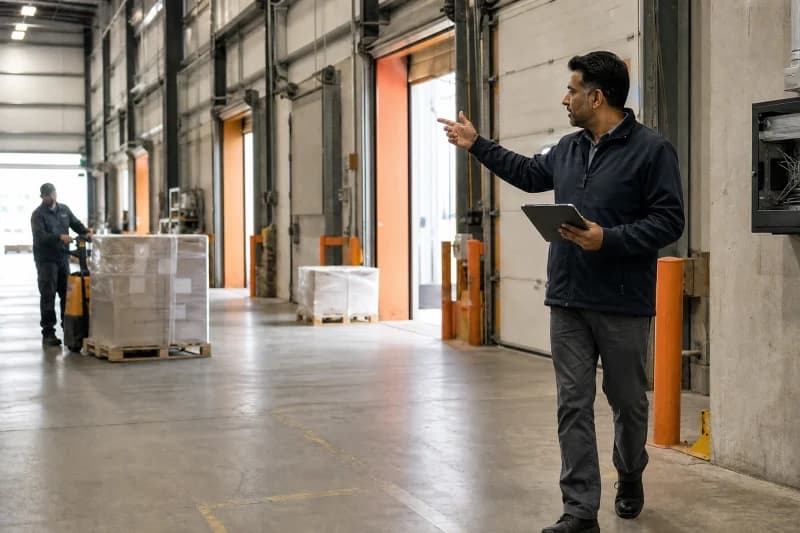 Distribution supervisor directing work from a tablet on a loading dock beside a wall-mounted network cabinet