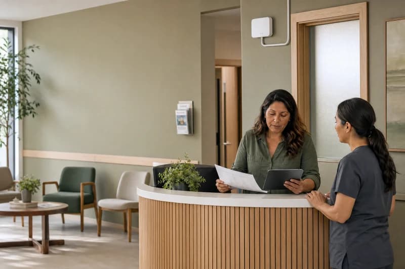 Clinic receptionist and a nurse reviewing a patient list together at a curved reception desk in a calm waiting area