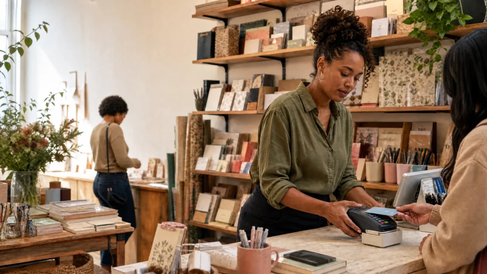 Independent shop owner taking a contactless card payment at the counter while customers browse