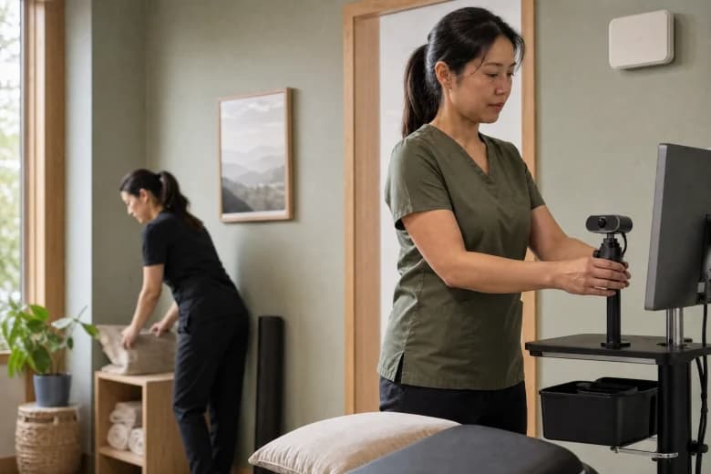 Clinician setting up a telehealth camera cart in a treatment room while a colleague prepares the space
