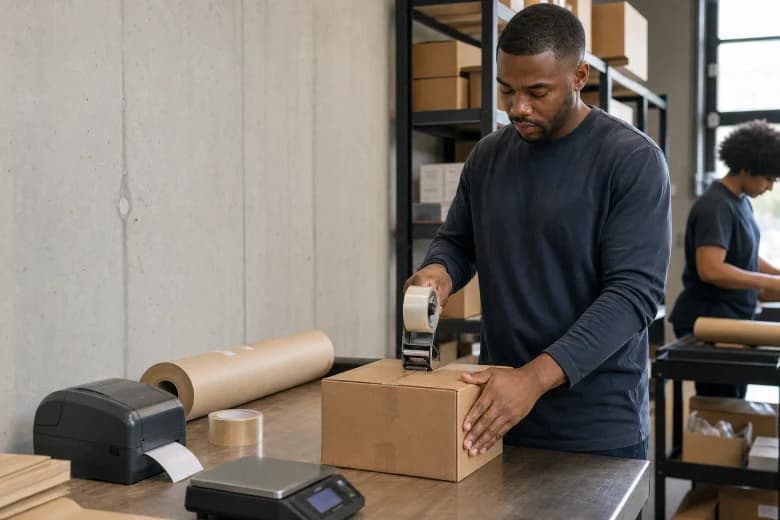 Warehouse worker sealing a parcel beside a label printer with a colleague packing behind