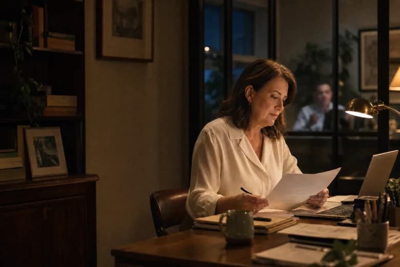 Accountant reviewing documents at a desk in the evening while a colleague takes a call behind