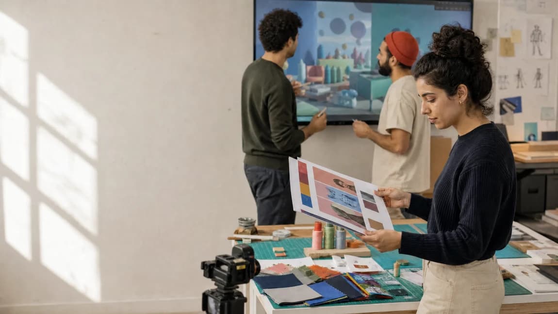 Studio team reviewing artwork together on a large display while a colleague checks printed proofs
