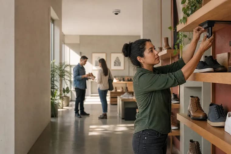 Retail employee adjusting a shelf-mounted camera in a store display while customers browse behind