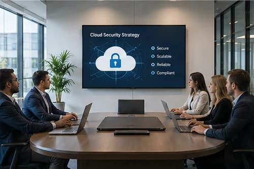 Team around a boardroom table reviewing a cloud security strategy presentation on a wall screen
