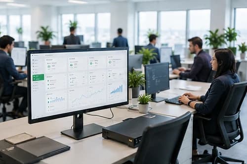 Large desk monitor showing consolidated cloud application dashboards in a busy open-plan office