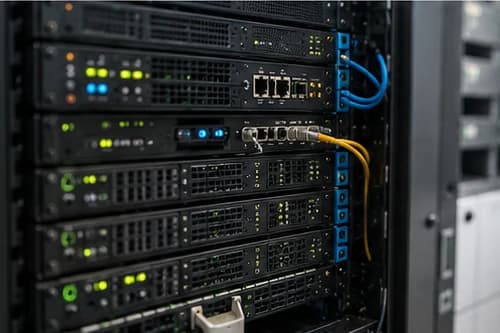 Rack of servers and switches with blue and yellow patch cabling and lit status indicators