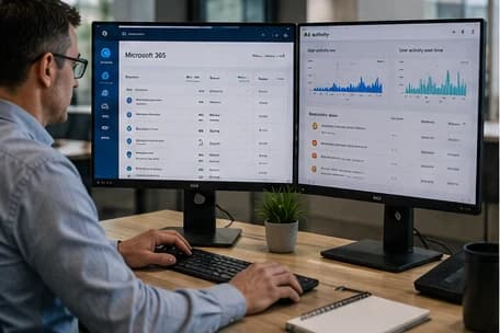 Dual monitors on a desk showing a Microsoft 365 application inventory alongside a security activity dashboard