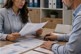 Two colleagues reviewing printed security reports and charts across a desk in an office