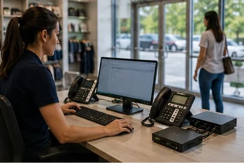 Staff member at a back-of-house desk with a monitor, desk phone and a small network appliance, with the shop floor visible beyond