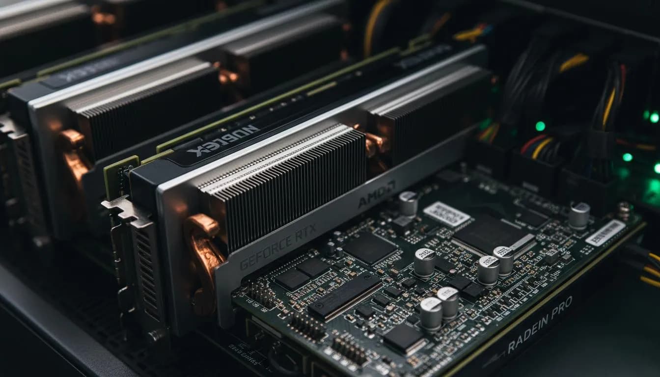 Consumer GPUs seated in a workstation - the single-GPU class of hardware Muse Glimmer targets