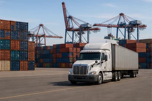 Container truck leaving a port terminal stacked with shipping containers and gantry cranes overhead