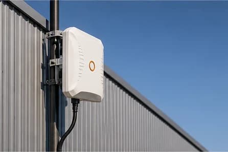 White customer-premises radio bolted to the corrugated metal wall of an industrial building against clear sky