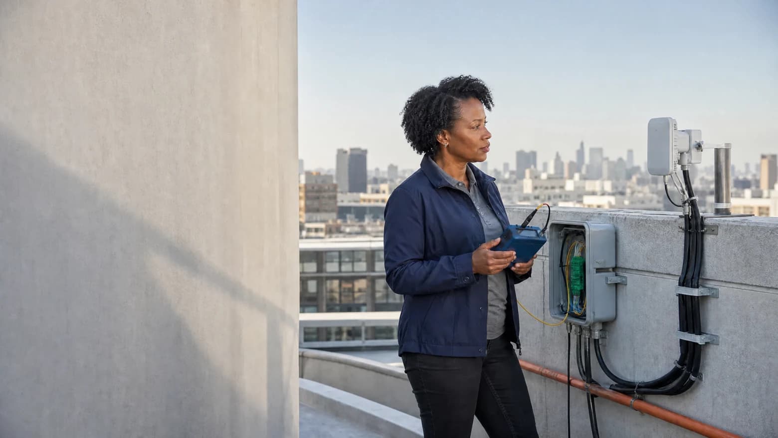 WiLine engineer testing a rooftop service enclosure on a terrace with the city skyline behind