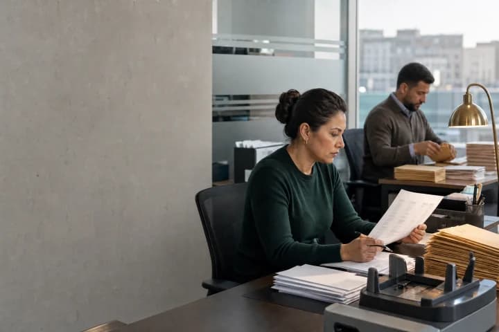 Analysts working through trade documentation at desks in a city-facing finance office