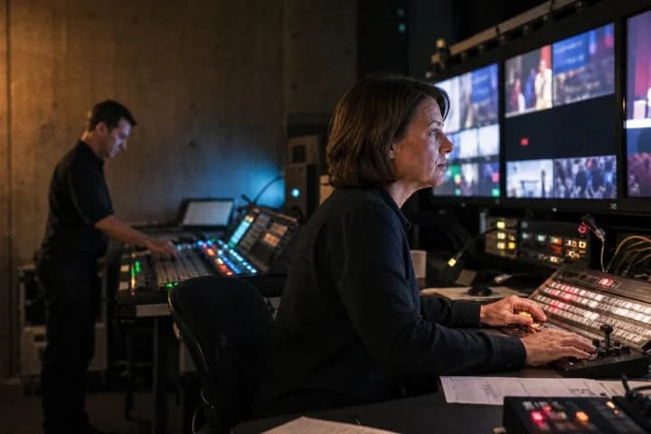 Broadcast operators running a live show from a control room lined with multiviewer screens