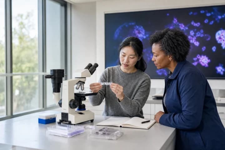 Two researchers examining a sample at a microscope with imaging results on a large display