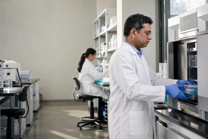 Scientist in a lab coat loading samples into an analyser in a life-sciences laboratory