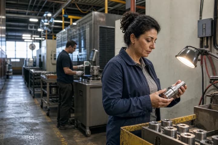 Machinist inspecting a finished metal component at a workbench on a production floor