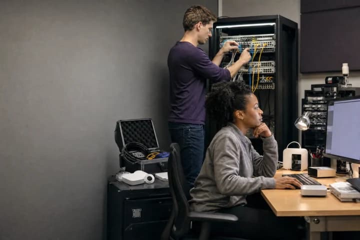 Two engineers working at a server rack and workstation in a technology company office