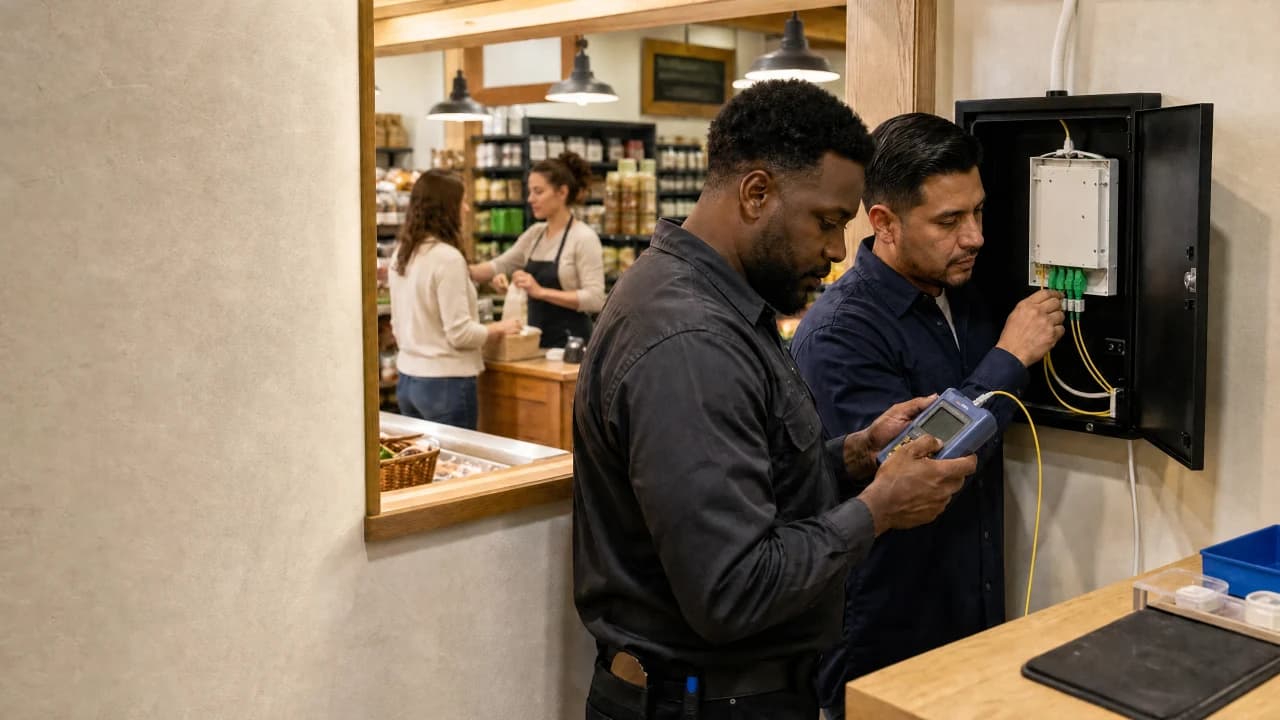 WiLine engineer and a business owner checking the fiber handoff at a wall-mounted demarcation enclosure inside a shop