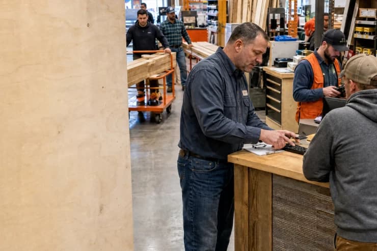Hardware store staff serving a queue of trade customers at the checkout during a busy period