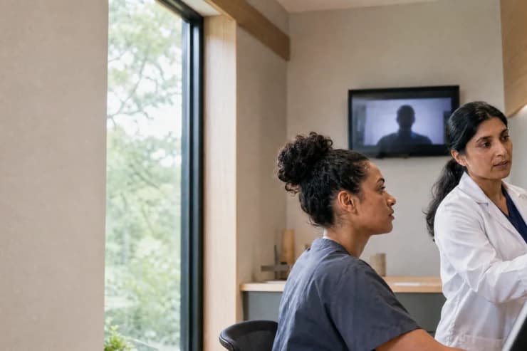Clinician reviewing a diagnostic image on screen with a colleague in a clinic consulting room