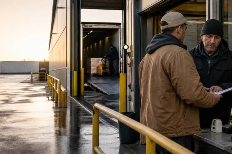 Two workers checking a delivery manifest on a handheld device at a loading dock at dawn