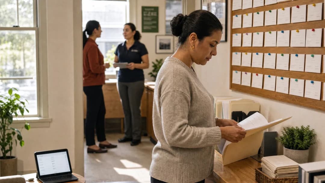 Store manager working through paperwork at a counter while colleagues serve customers behind her
