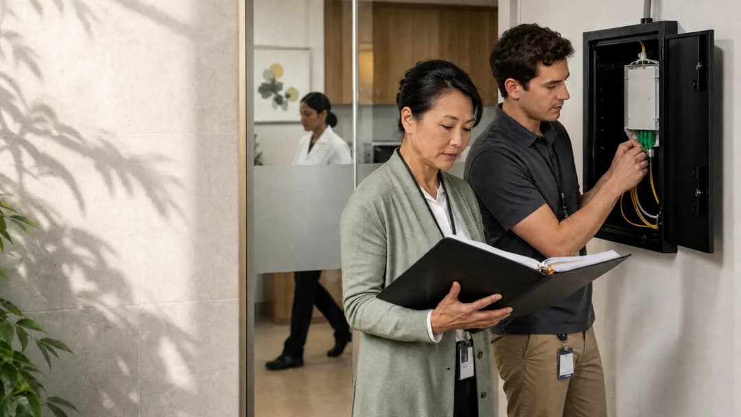 Clinic administrator reviewing a records folder with an engineer at a fiber enclosure in a medical corridor