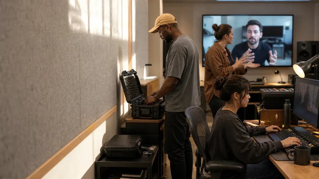 Small studio team on a video call while a colleague uploads footage at a workstation