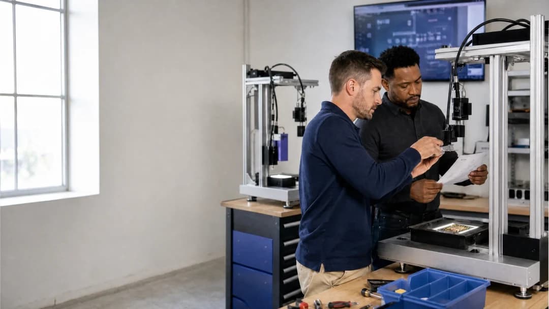 Two technicians reviewing readings on a tablet beside optical test equipment in a lab