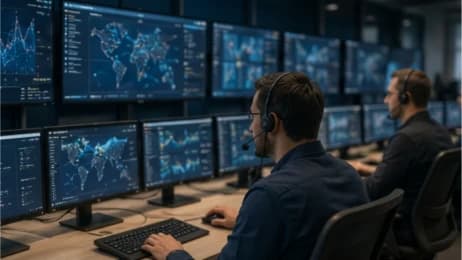 Network operations engineer wearing a headset monitoring a curved bank of screens showing live traffic maps and link telemetry