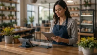 Shop owner in an apron using a tablet at the timber counter of a bright modern retail space with stocked shelves behind