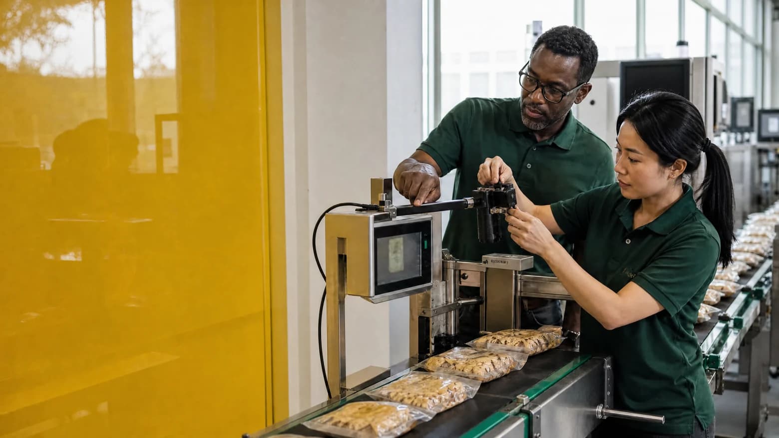 Two production staff adjusting an inline vision camera above a bakery conveyor inspecting product