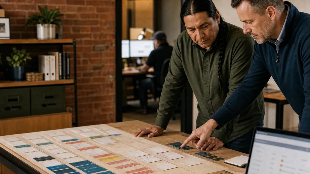 Two network architects planning segmentation on a large layout board with a policy dashboard open on a laptop beside them