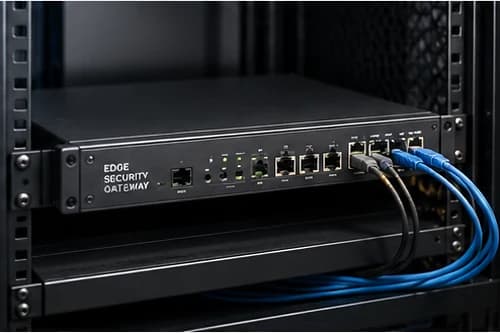 Rack-mounted edge security gateway with blue patch cables connected to its ports