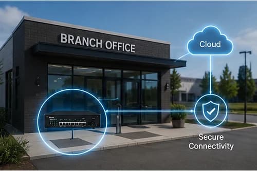 Modern branch office building exterior with an overlaid secure connectivity graphic and edge appliance