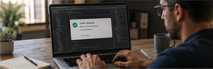 Laptop screen showing a threat contained confirmation with the process isolated