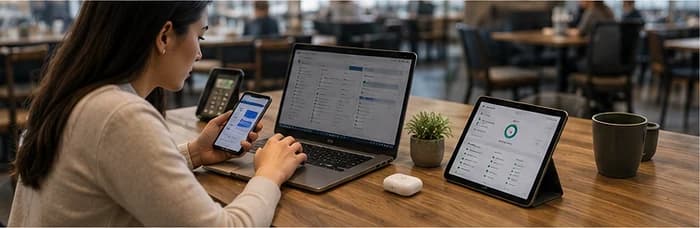 Person working across a laptop, smartphone and tablet at a cafe table