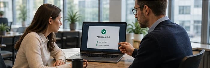 Two colleagues at a laptop showing an access granted confirmation with compliance checks