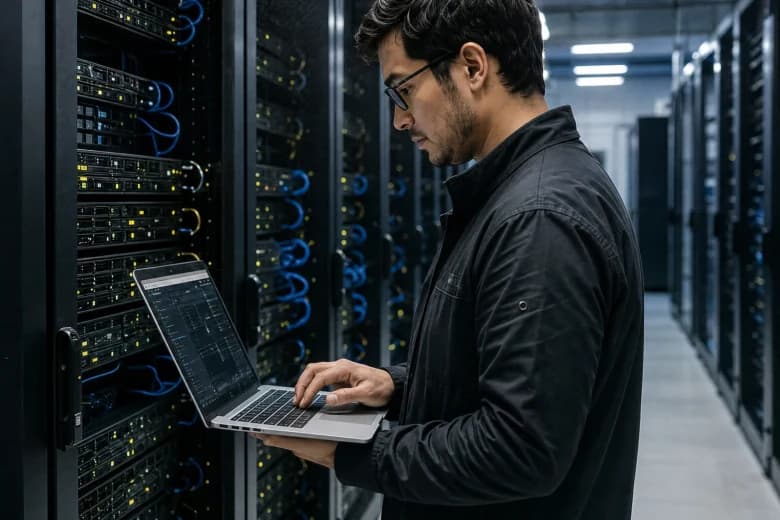 Network engineer holding a laptop while working at a rack of patched switches in a lit data centre aisle
