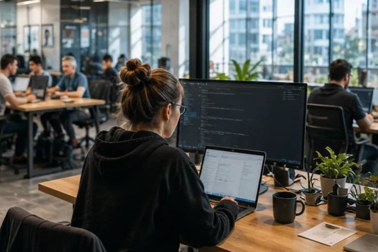Open engineering workspace where developers work at multi-monitor desks beside a floor-to-ceiling city-facing window