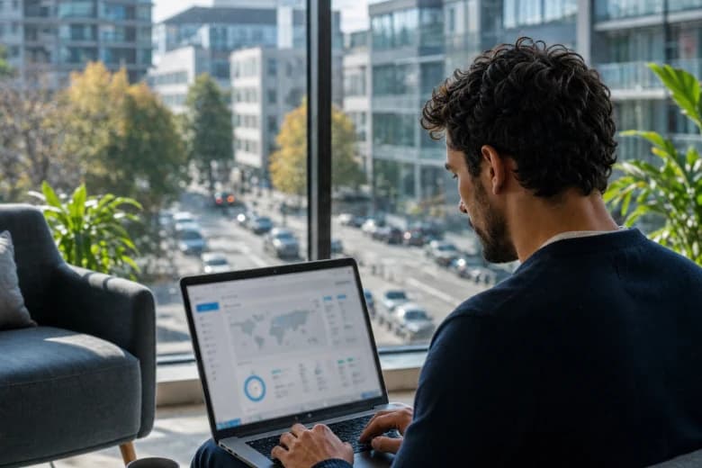 Employee working remotely from an apartment window seat, reviewing a network performance dashboard on a laptop with the city outside