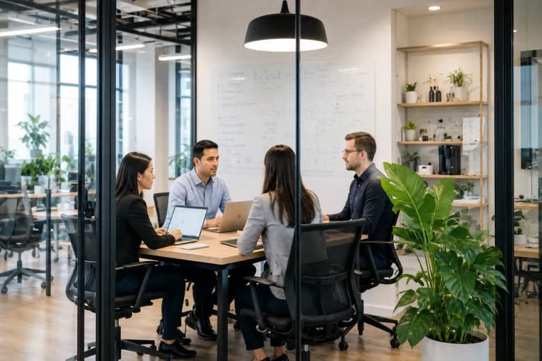 Four colleagues meeting in a glass-walled room off an open-plan office, laptops on the table and a quarterly plan sketched on the whiteboard behind them