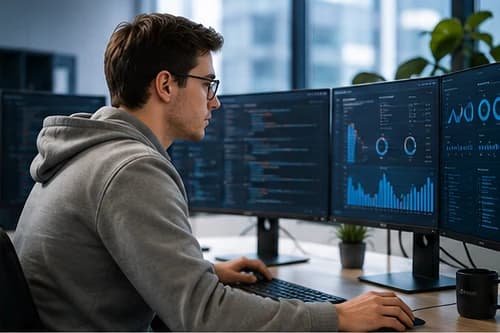 Analyst working at a multi-monitor desk showing live network and security dashboards in a bright office