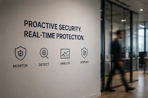 Office wall graphic reading proactive security and real-time protection with monitor, detect, analyse and respond icons